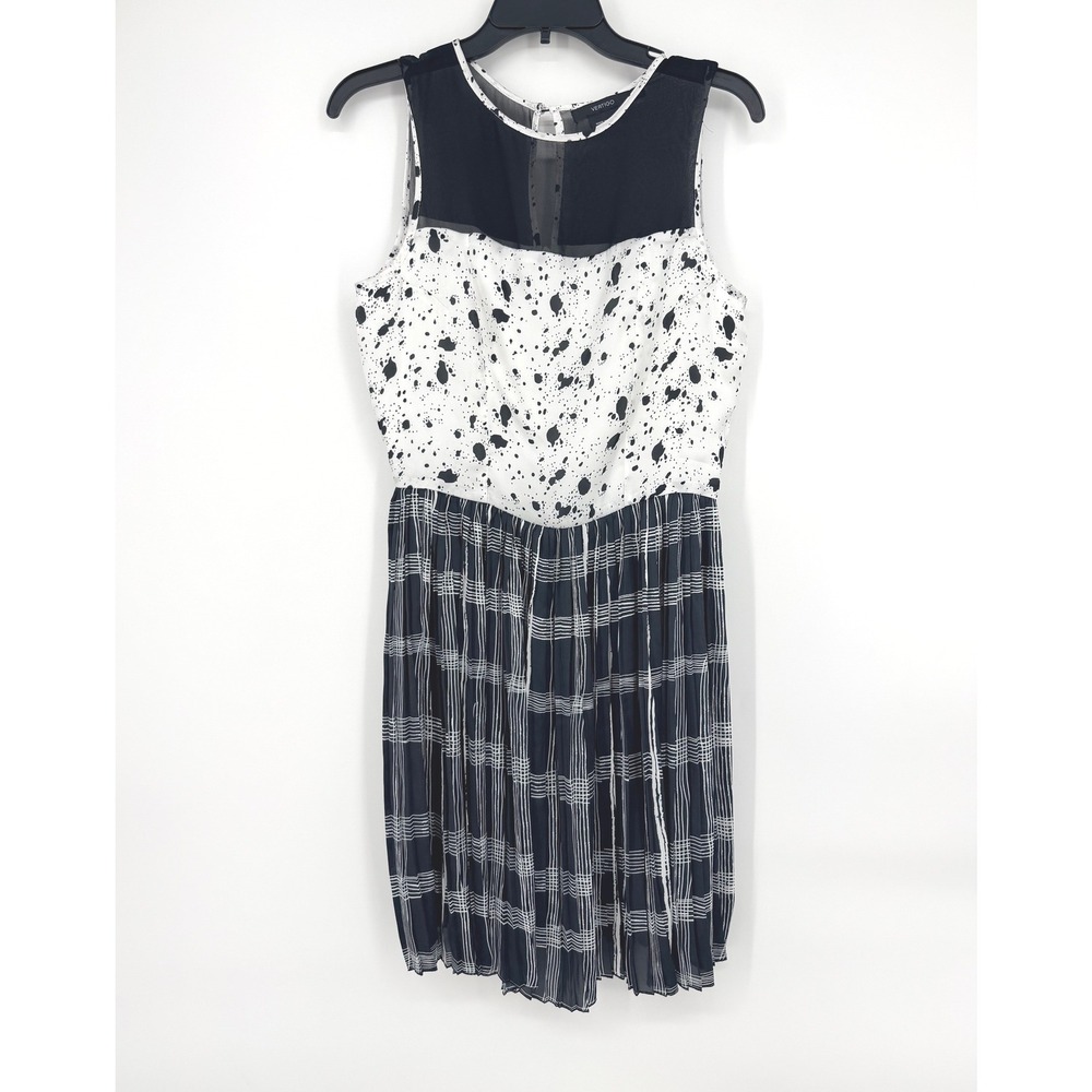 Vertigo Womens XS Black White Paint Splatter‎ Grid Pleated Mesh Mini Dress